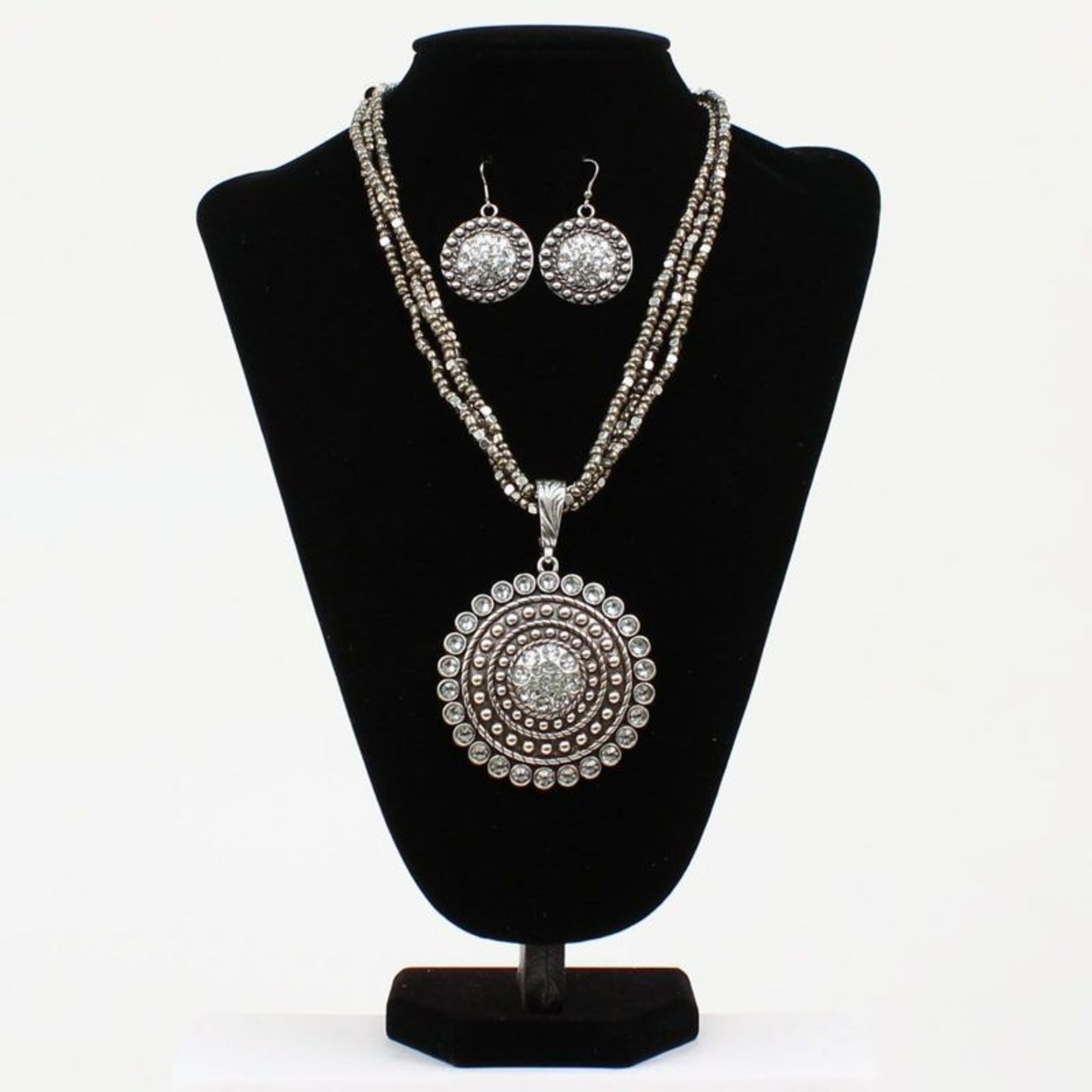 Round Pendant Necklace and Earrings Set Silver