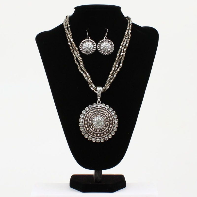 Round Pendant Necklace and Earrings Set Silver