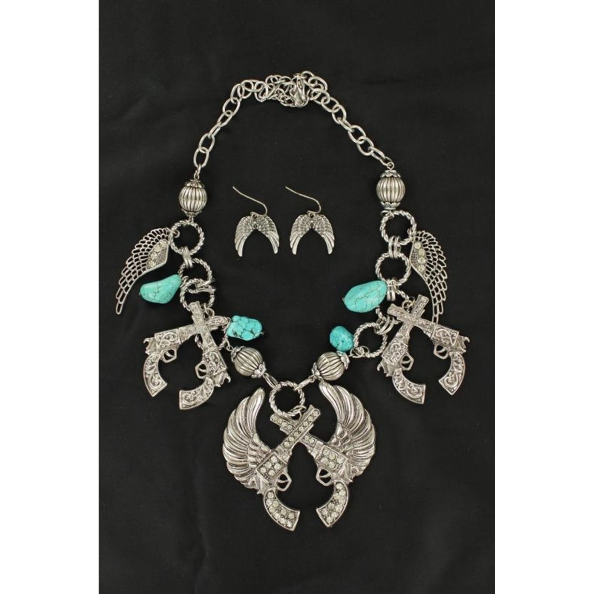 Winged Pistols Necklace and Earrings Set Silver