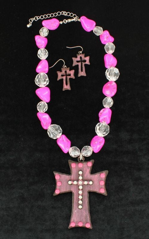 Large Pink Cross Necklace Earrings Set Pnk