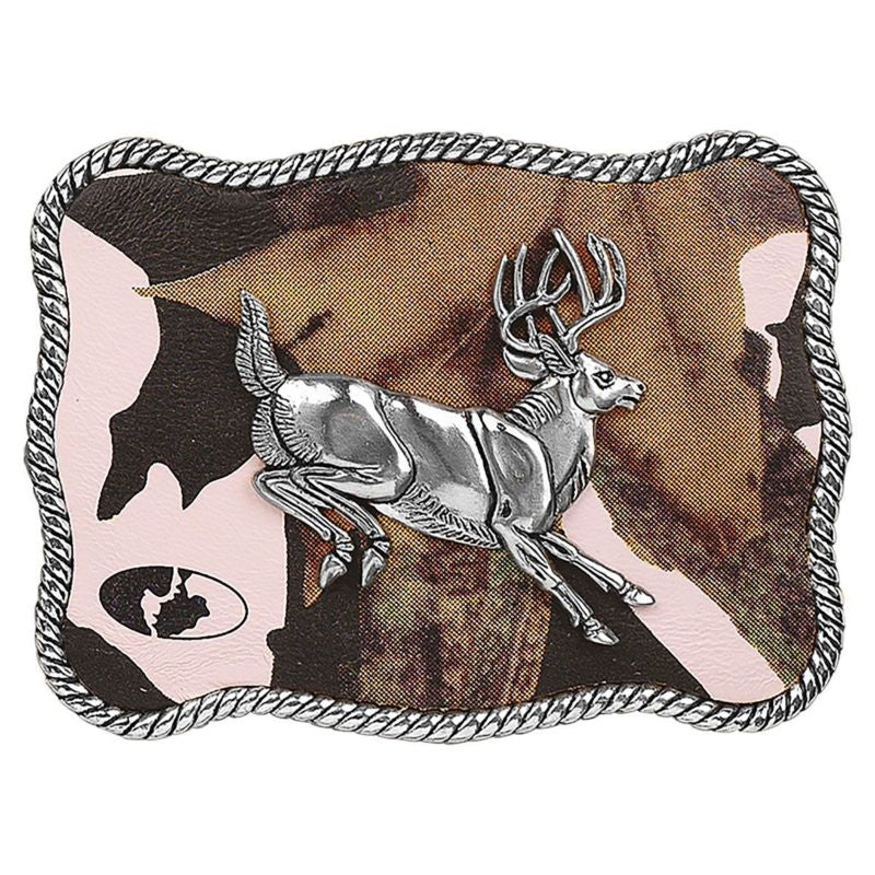 Nocona Mossy Oak Jumping Buck Belt Buckle Pink