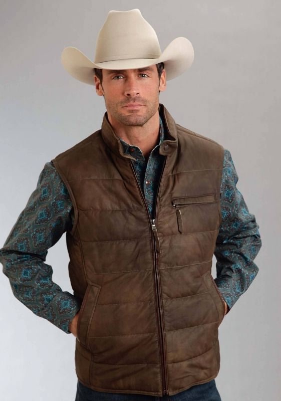 Stetson Men's Leather Puffy Vest - Brown Large Bro