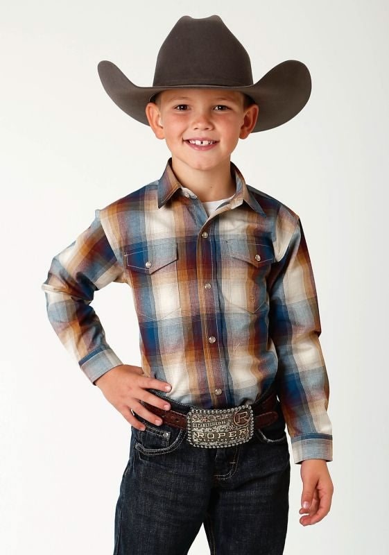 Roper Boys Rio Grand Shirt LG Blue Brass Plaid