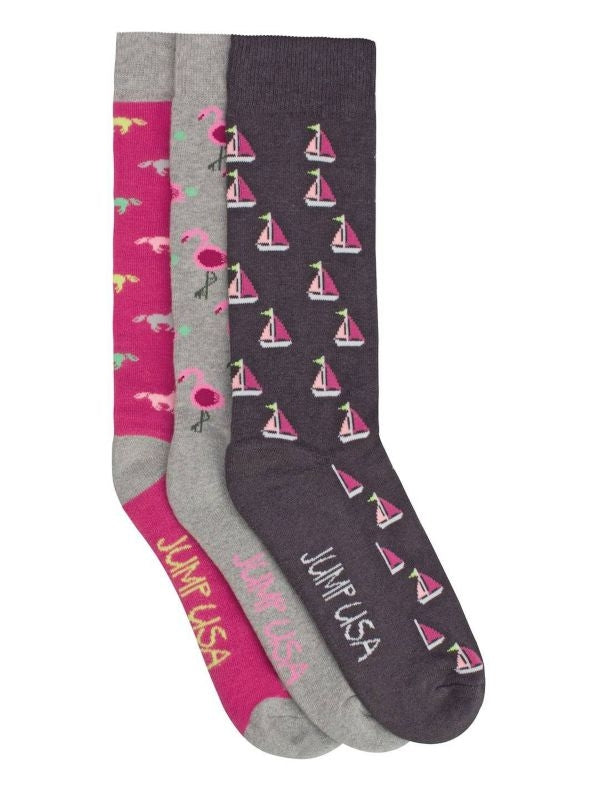 JumpUSA Flamingo/Boat/Hrs Socks Blk/Gry /H Pnk