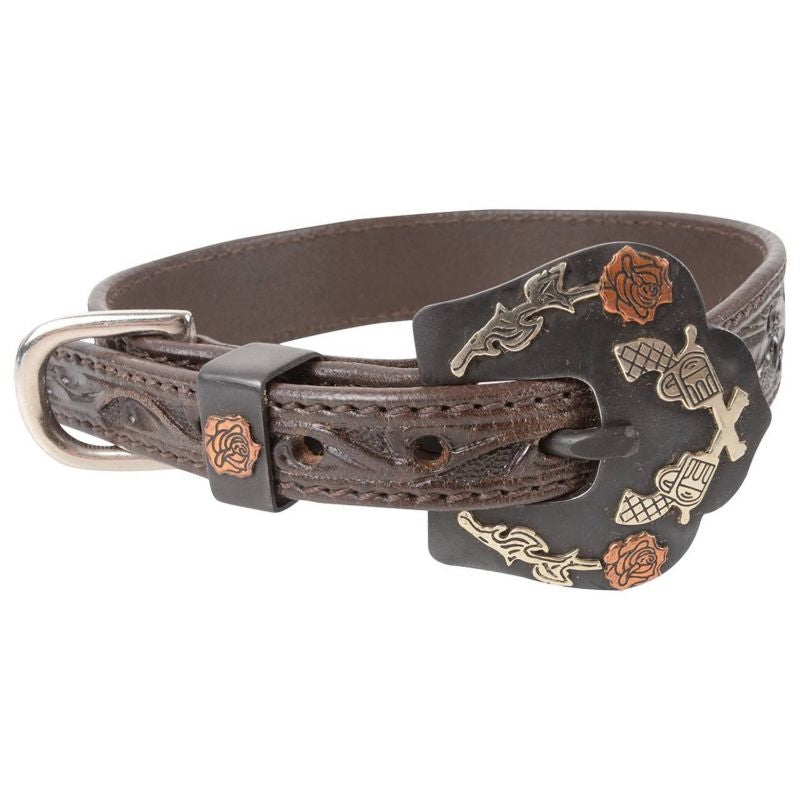 Cashel Guns & Roses Tooled Leather Dog Collar Larg