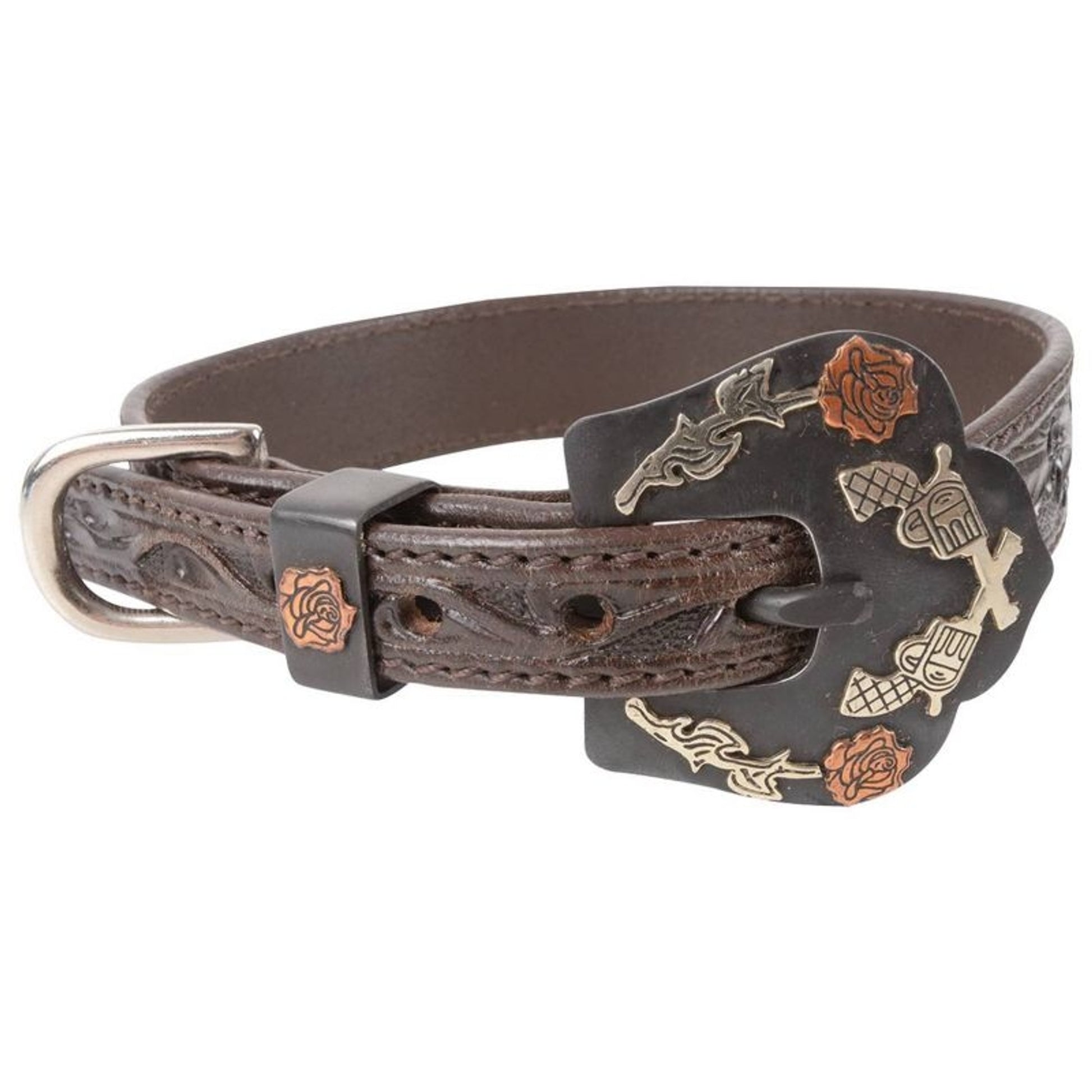 Cashel Guns & Roses Tooled Leather Dog Collar Larg