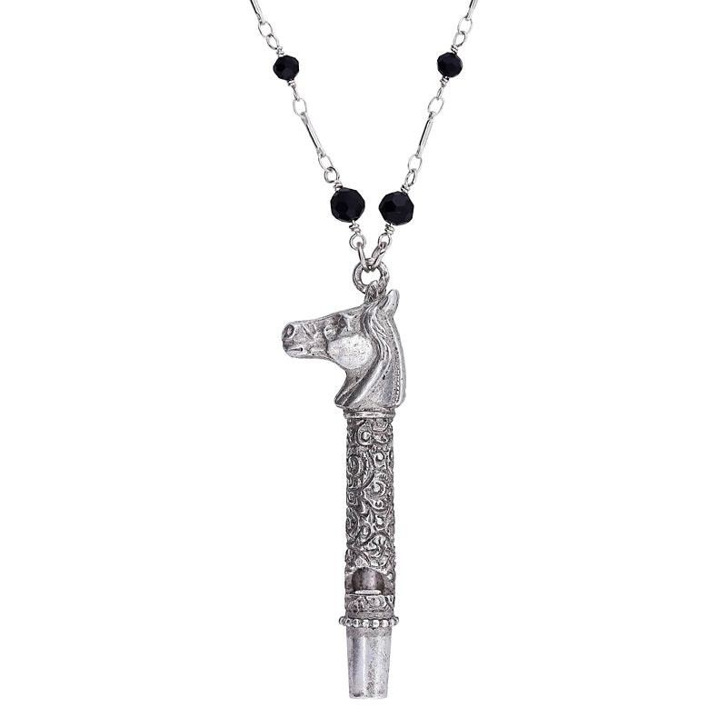 1928 Jewelry Horse Head Whistle Black Beaded Neckl