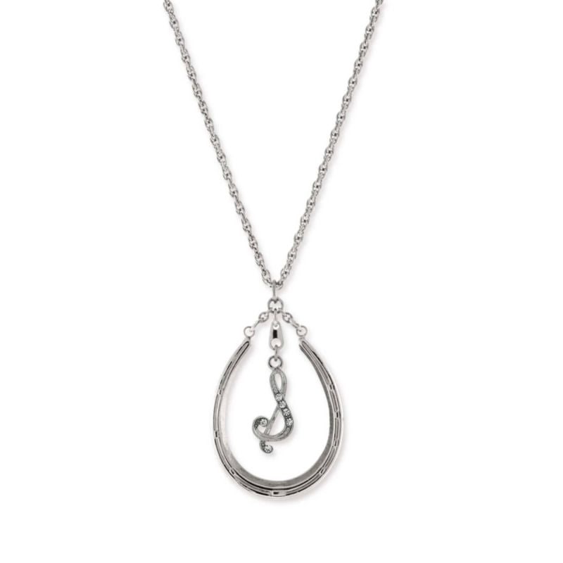 1928 Jewelry Pewter Horseshoe Crystal Initial Neck