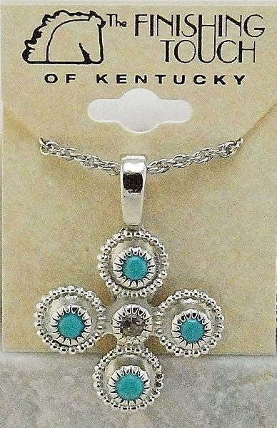 Crystal And Turquoise Cross Pendant 18in Silver