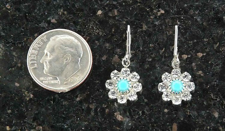 Flower Shaped Crystal And Turquoise Earring Silver
