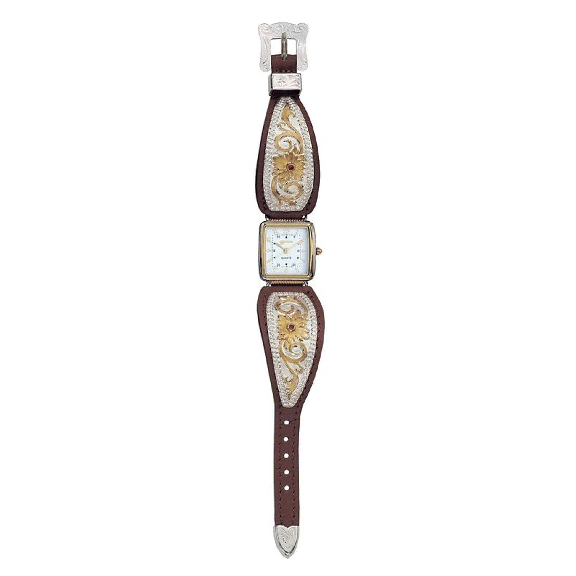 TwoTone Flower Filigree Ladies Leather Band Watch
