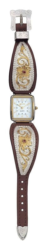 TwoTone Flower Filigree Ladies Leather Band Watch