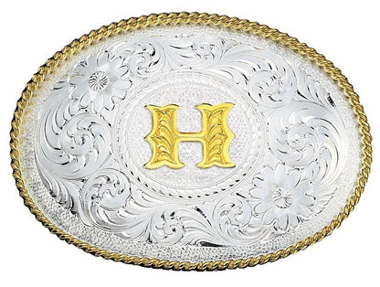 Initial Silver Engrave Gold Trim Belt Buckle B Brn