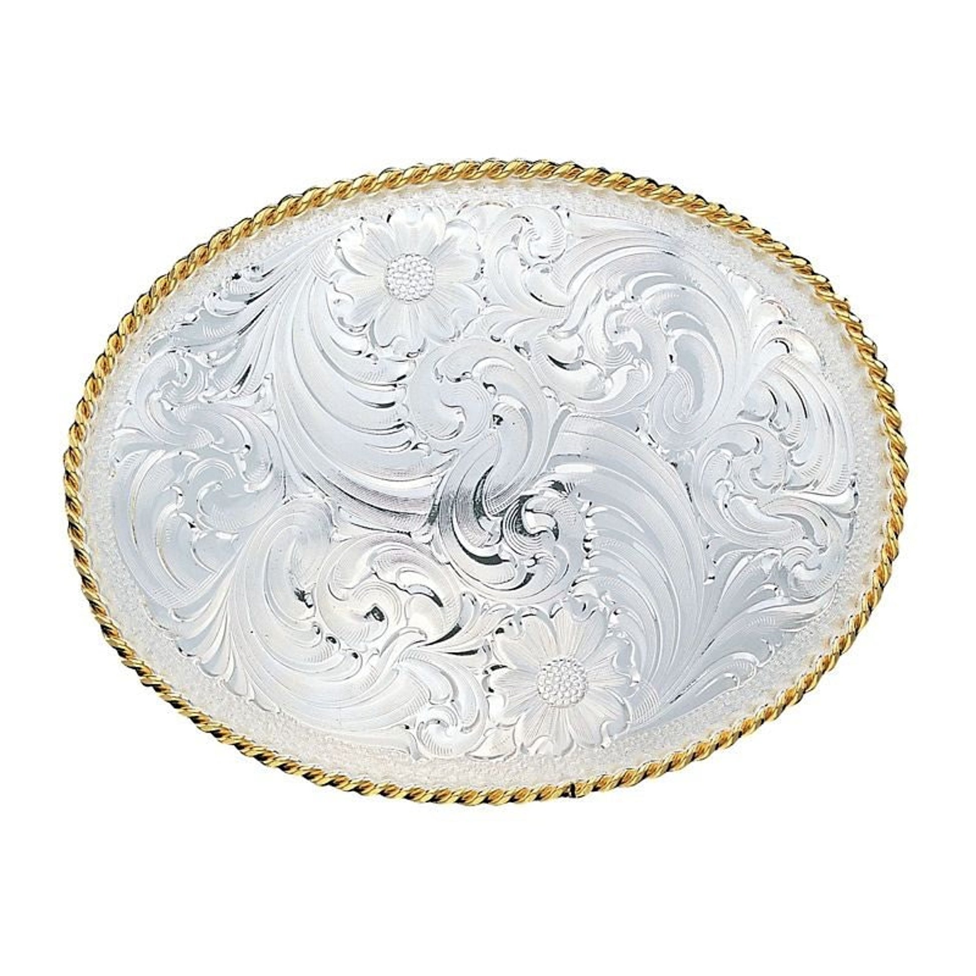 Silver Engraved Western Belt Buckle/Gold Trim Br