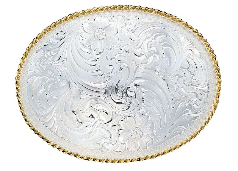 Silver Engraved Western Belt Buckle/Gold Trim Br