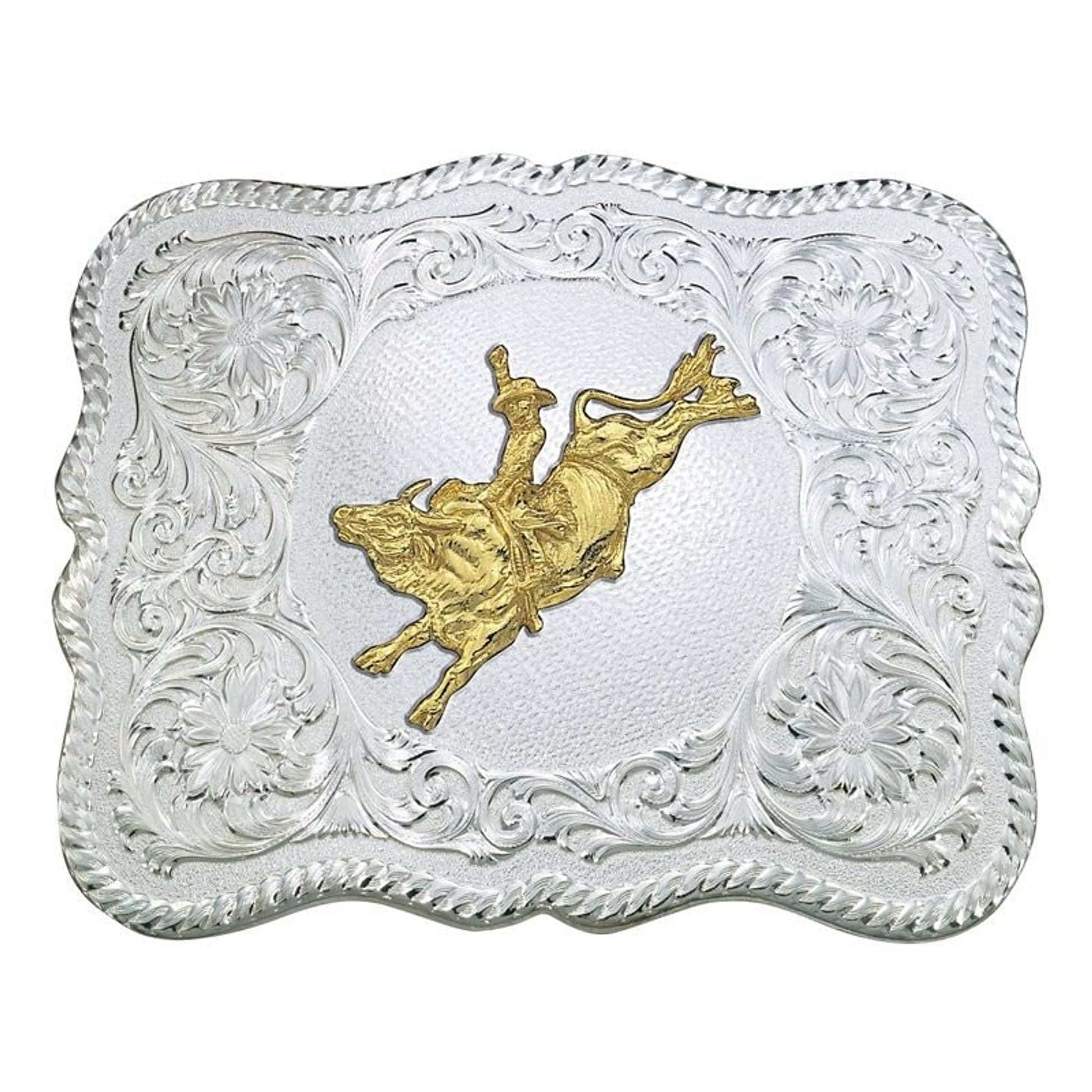 Scalloped Silver Western Belt Buckle/Bull Rider Br