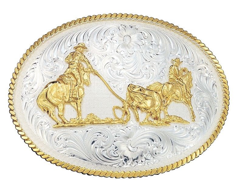 Montana Lg Engraved Belt Buckle with Team Ropers