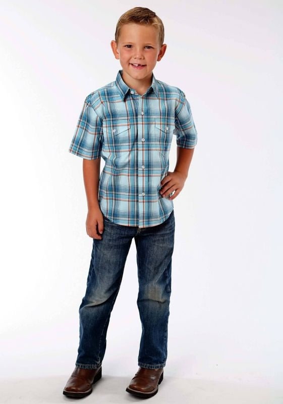 Roper Sundown Plaid Western Boys Short Sleeve S Bl