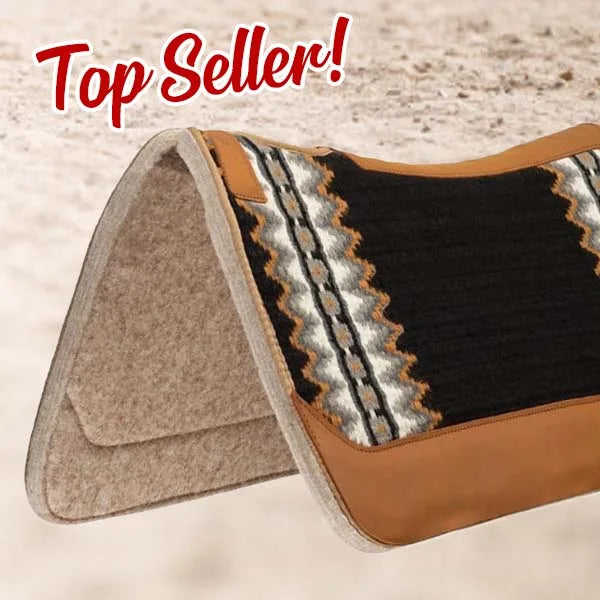 Equestrian saddle pad with brown border and 'Top Seller!' text on a textured background