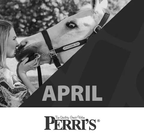 Person petting a horse with 'Perri's' logo and 'APRIL' text overlay