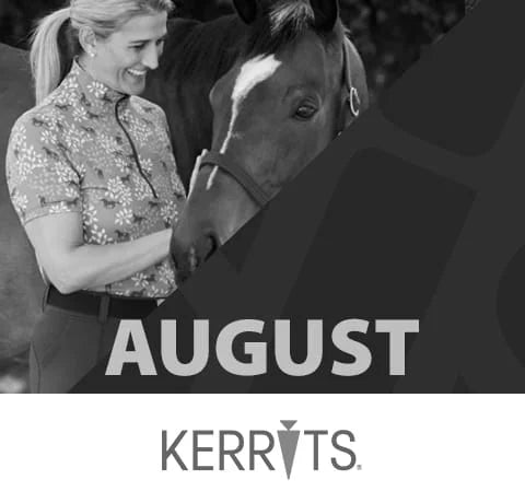 Woman petting a horse with 'August Kerrits' branding.