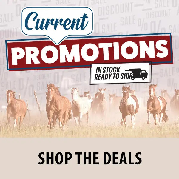Promotional graphic with running horses and text about current promotions and stock availability.