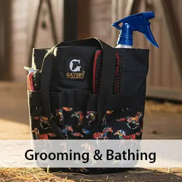 Grooming bag with a spray bottle labeled 'Gatsby' on a wooden floor.