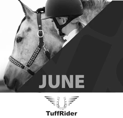 Horse and rider with 'TuffRider' logo and 'JUNE' text