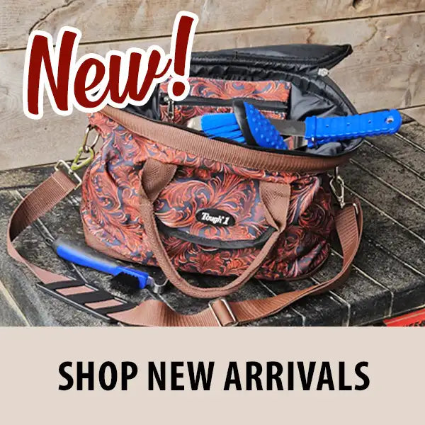 Patterned bag with blue tools on a wooden surface, promotional text 'New! Shop New Arrivals' above.