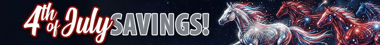Promotional banner for 4th of July Savings with horses and fireworks.