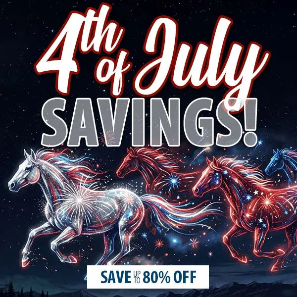 Promotional graphic for 4th of July savings with horses and fireworks design.