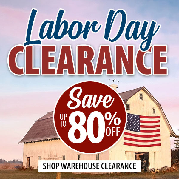 Promotional graphic for a Labor Day warehouse clearance sale, featuring large text reading 'Labor Day Clearance' and 'Save up to 80% off' over a barn with an American flag on a pastel sky background.