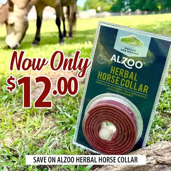 Alzoo Herbal Horse Collar packaging with horse in the background