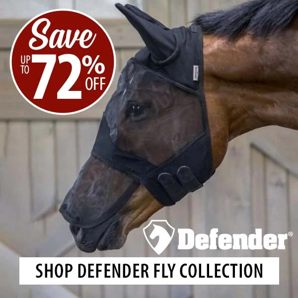 Horse wearing a fly mask with Defender branding and promotional text.