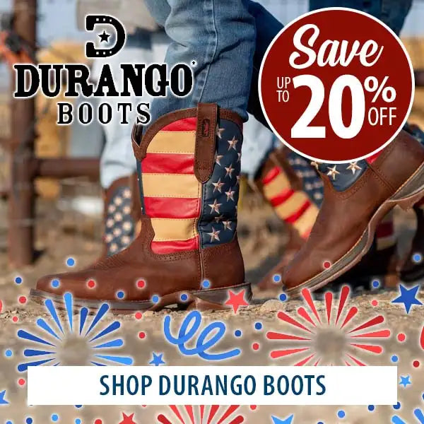 Promotional image of Durango boots with American flag design, sale text, and call to action.