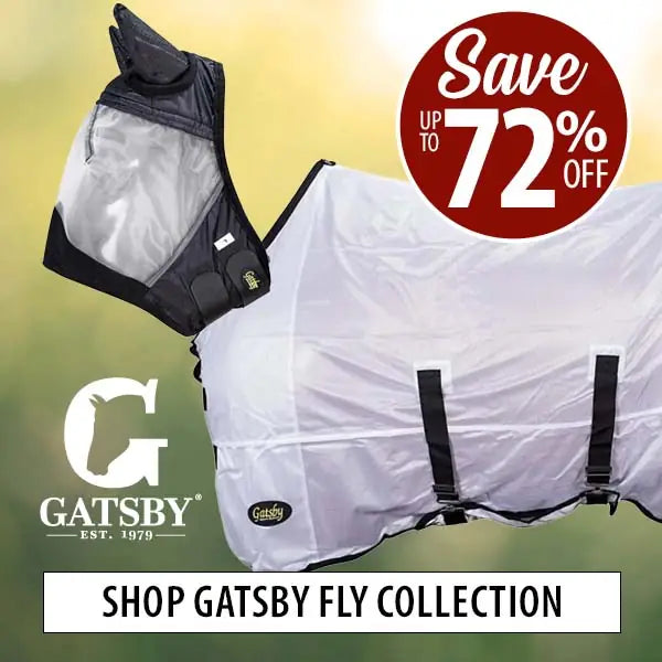 Gatsby fly collection product with promotional text on a blurred natural background