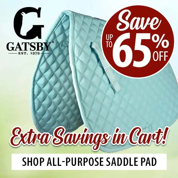 Gatsby all-purpose saddle pad with promotional text on a light green background