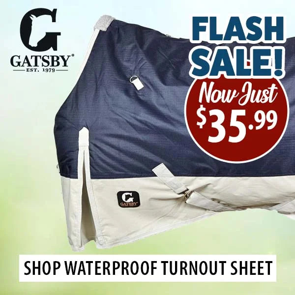 Gatsby waterproof turnout sheet with flash sale text on a gradient background