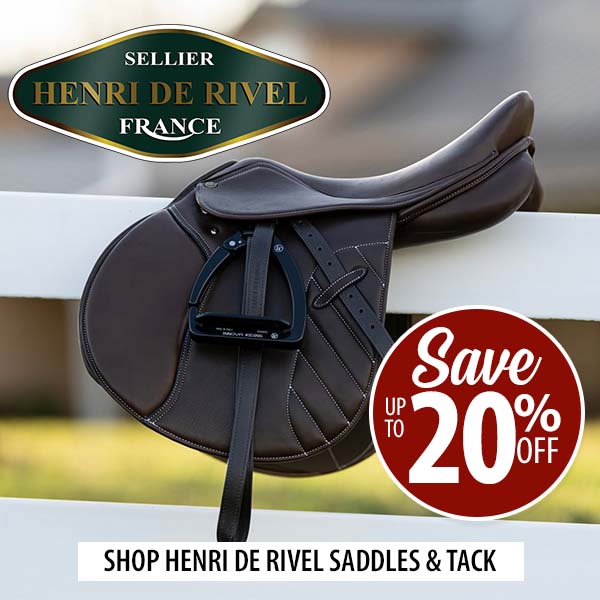 A dark brown leather equestrian saddle with black hardware and a black stirrup, resting on a white fence rail with a blurred outdoor background. A green and gold 'SELLIER HENRI DE RIVAL FRANCE' logo appears in the top left, and a red circular 'Save UP TO 20% OFF' badge appears on the right.