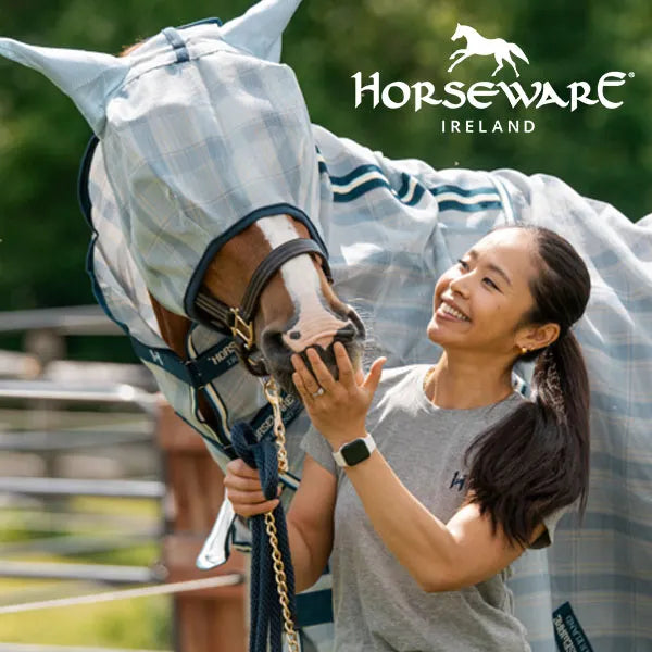 Woman with horse wearing a fly mask and fly blanket
