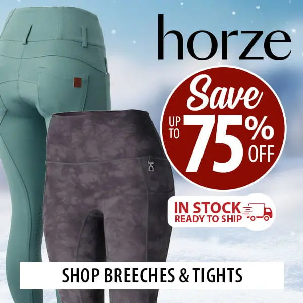 Promotional image of green and gray breeches with a 'horze' sale banner on a light blue background. advertising up to 75% off