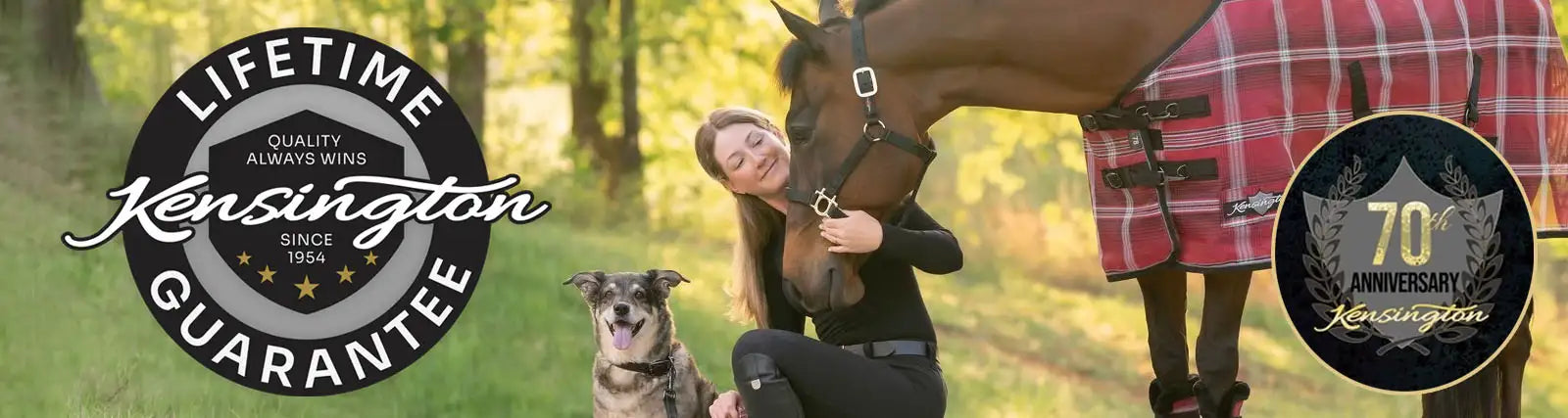 Woman shown with horse and dog. Horse is wearing a red fly sheet with Kensington Branding.