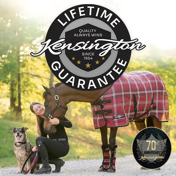 Woman with a dog and a horse wearing a red plaid blanket in a natural setting, with Kensington brand logo.