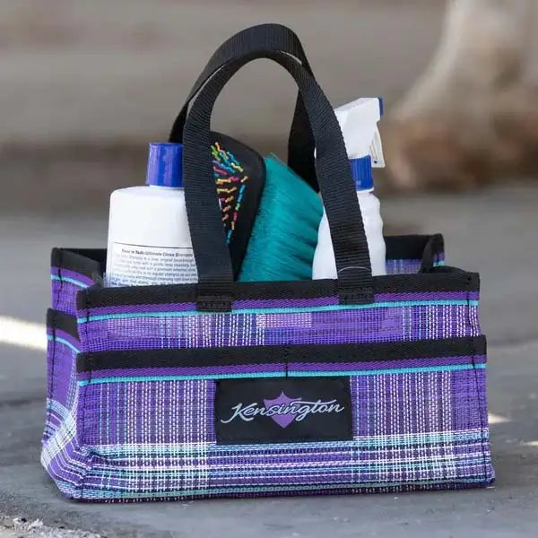 Grooming tote with purple plaid and kensington branding