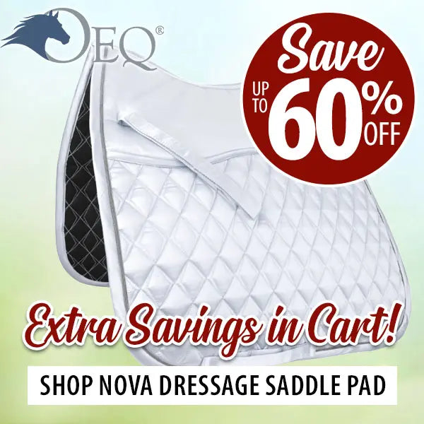 White dressage saddle pad with OEQ logo and promotional text on a light green background