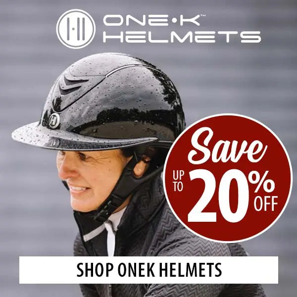 A person wearing a glossy black One K equestrian helmet, shown in a promotional graphic with the One K Helmets logo, a red 'Save up to 20% off' badge, and a banner reading 'SHOP ONEK HELMETS'.