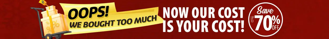 Promotional banner with text 'OOPS! WE BOUGHT TOO MUCH' and 'SAVE 70%' on a red background.