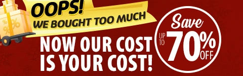 Promotional banner with text 'OOPS! We bought too much. Now our cost is your cost!' and 'Save up to 70% off' on a red background.