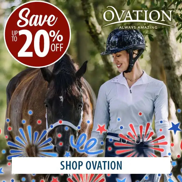 Woman in equestrian gear standing next to a horse with Ovation branding and promotional text.