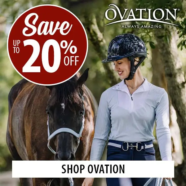 A promotional equestrian lifestyle image featuring a woman in riding attire next to a horse, with a large red 'Save 20% Off' badge and the Ovation brand logo. The woman wears a light gray long-sleeve riding shirt, navy breeches, and a black  helmet.